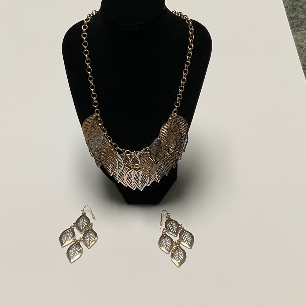 Gold and Silver Leaf Necklace and Earring Set